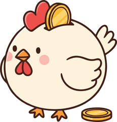 Kawaii White Chicken Piggy Bank with Gold Coins – Cute Cartoon Savings Mascot Vector