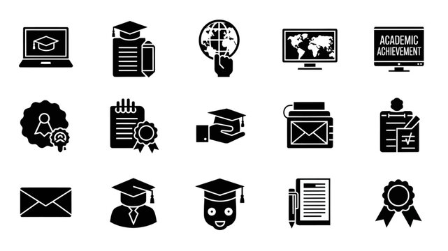 Black and white icons representing online education and academic achievements
