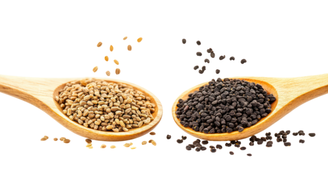 Two wooden spoons filled with seeds isolated on transparent background