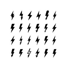 Collection of Hand-Drawn Black Lightning Bolt Icons on White Background