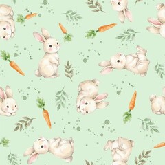 Cute Watercolor Bunny and Carrot Seamless Pattern on Pastel Green Background