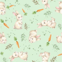Cute Watercolor Bunny and Carrot Seamless Pattern on Pastel Green Background