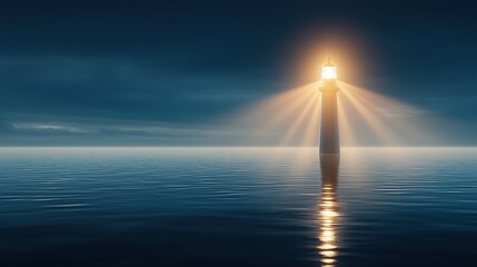 Lighthouse Illuminating Dark Ocean with Guiding Light and Reflection at Twilight