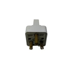 3-pin male power plug with ceramic base isolated on transparent PNG background, perfect for electrical installations, industrial use, and safety applications.