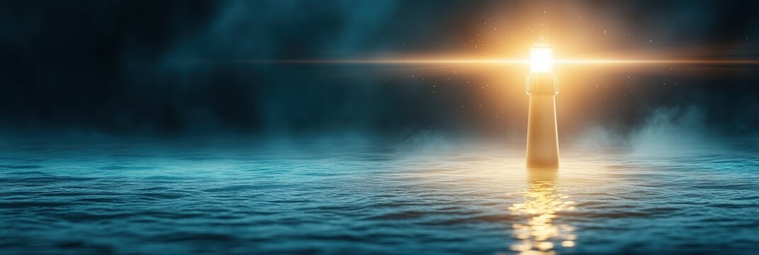 Lighthouse Emitting Bright Golden Light Over Dark, Misty Sea at Night