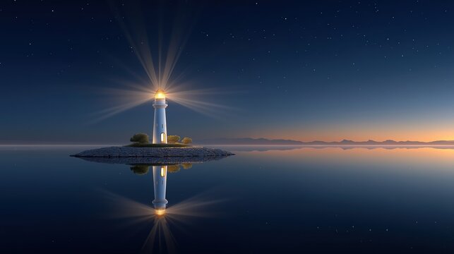 Lighthouse on a rocky island at night with starry sky and calm water reflection - Powered by Adobe