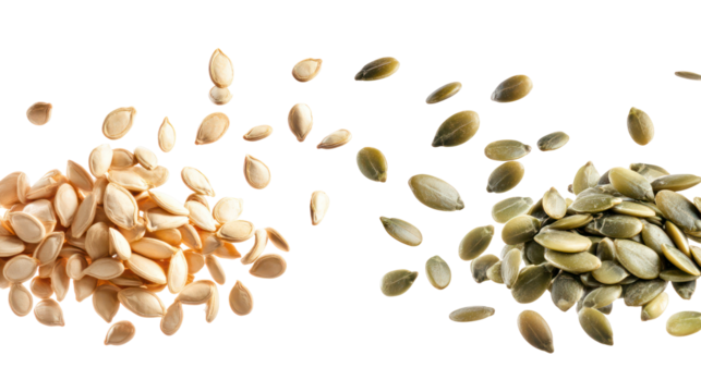 Two piles of pumpkin seeds and watermelon seeds falling in the air on transparent background
