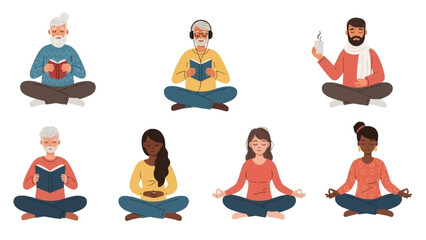 Diverse people meditating and reading books in a serene, mindful setting