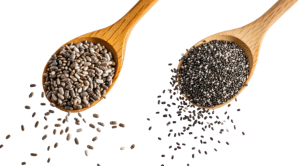Two piles of sunflower seeds and chia seeds falling in the air on transparent background