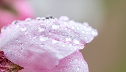 A delicate macro view of a soft pink flower petal adorned with glistening water droplets from the morning dew