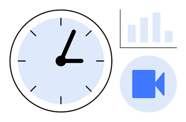 Clock with highlighted hands, bar chart, and video camera. Ideal for time tracking, scheduling, productivity, teamwork, data analysis, online communication simple flat metaphor