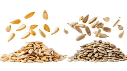 Two piles of nuts and seeds with some flying isolated on transparent background
