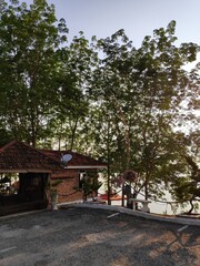 Fototapeta premium Lakeside Brick Building and Parking Lot Surrounded by Tall Trees in Warm Morning Sunlight