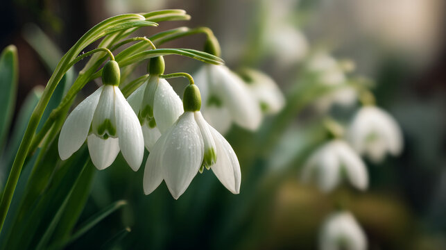A close up of several snowdrop flowers with green stems and a blurred background in soft lighting