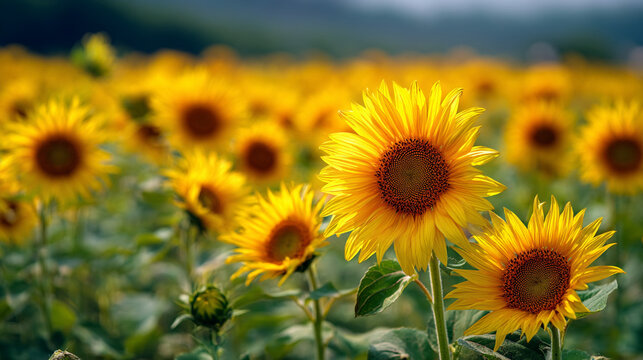 A field of sunflowers in full bloom with bright yellow petals and dark brown centers under a blue sky