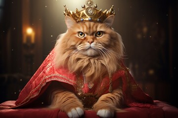 domestic cat with a king's crown and royal red robe