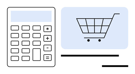 Calculator beside a shopping cart on a screen, representing e-commerce, budgeting, financial planning, online shopping, cost analysis, savings strategy, and economic management in a simple flat