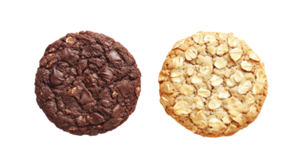 Two oval shaped cookies one dark chocolate and one oatmeal isolated on transparent background