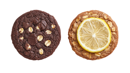 Two oval shaped cookies one chocolate and one with lemon slice isolated on transparent background
