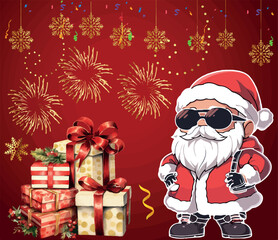 Hip Santa Claus cartoon wearing sunglasses with stacked Christmas gifts on festive red background.