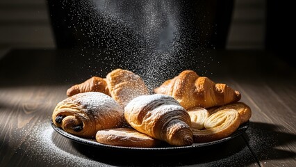 Assorted fresh baked croissants and pastries being dusted with powdered sugar in warm natural light