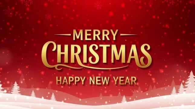 Gold Christmas and New Year Typographical on red Xmas background with winter landscape with snowflakes, light, stars. Merry Christmas card.