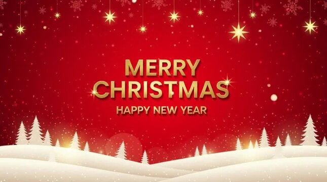 Gold Christmas and New Year Typographical on red Xmas background with winter landscape with snowflakes, light, stars. Merry Christmas card.