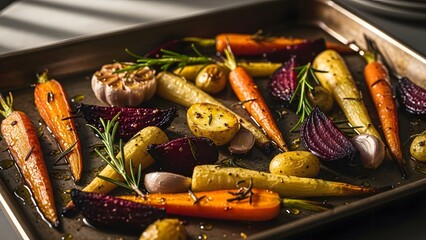 Assorted roasted vegetables with herbs displayed in a baking tray showcasing vibrant healthy cooking