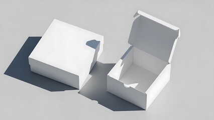 Clean white cardboard box, partially open and closed, casting long shadows on a neutral surface