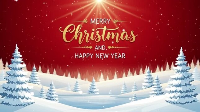 Gold Christmas and New Year Typographical on red Xmas background with winter landscape with snowflakes, light, stars. Merry Christmas card.