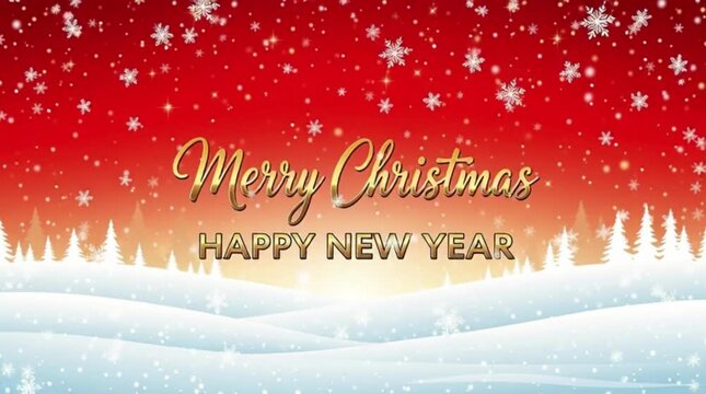 Gold Christmas and New Year Typographical on red Xmas background with winter landscape with snowflakes, light, stars. Merry Christmas card.
