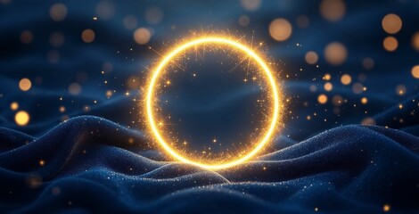 A glowing golden ring of light on a dark blue glitter background. Abstract sparkler effect with bokeh. Magical and festive concept
