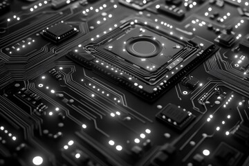 Close-up of a dark circuit board with a central chip and glowing white lights, symbolizing active digital data flow and advanced technology.