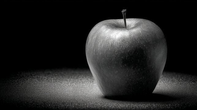 Monochrome image of a single apple on a textured surface in the dark