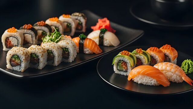 Assorted sushi platter with fresh salmon shrimp and avocado rolls served on black plates for - Powered by Adobe