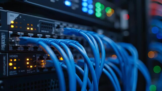 Close-up of server cables connecting digital devices. Data center network technology shines with blue lights. Modern IT infrastructure supports communication and efficiency.