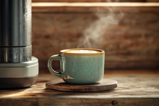 Close-up of a steaming coffee mug with latte art on a wooden coaster, alongside a coffee maker, evoking warmth and comfort.