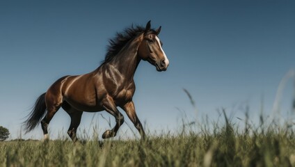 Obraz premium Majestic brown horse galloping freely across a golden field under a clear blue sky.