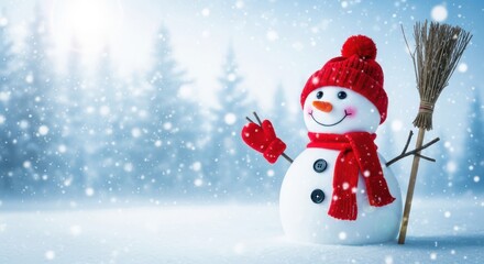 Merry christmas and happy new year greeting card with copy-space.Happy snowman standing in christmas landscape.Snow background.Winter fairytale.