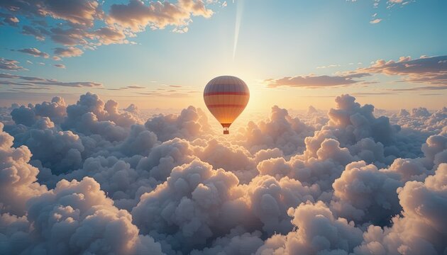Dreamy hot air balloon soaring above fluffy clouds at sunrise, perfect for adventure seekers and travel inspiration, a serene and uplifting journey - Powered by Adobe