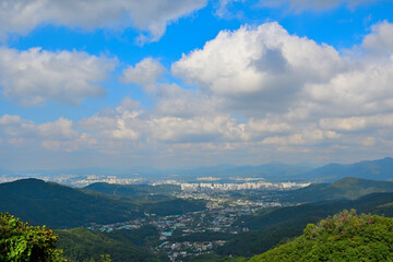 The view of the city under the cloudy blue sky from high above