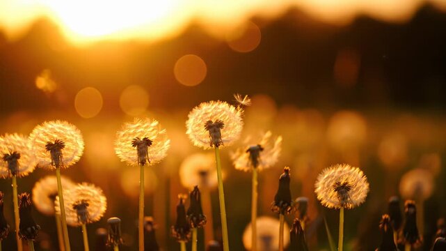 Golden sunset over blooming dandelions in serene field. Vibrant flowers sway gently in warm breeze, creating peaceful atmosphere of nature's beauty.