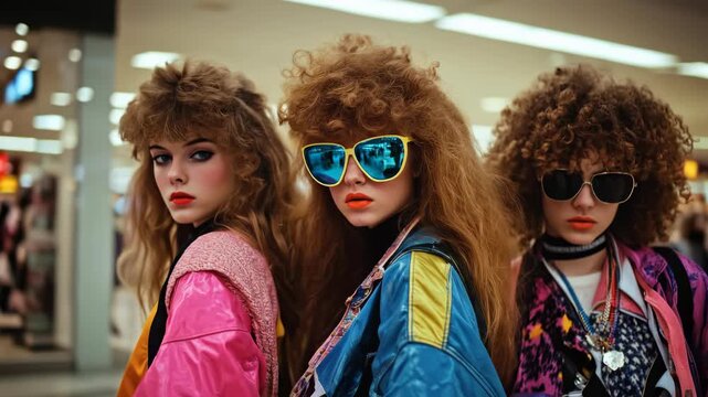 Bright 1980s fashion icons, embracing the vibrant lifestyle with bold clothing and striking looks. Girls pose with confident expressions, reflecting the dynamic 80s era, showcasing colorful attire