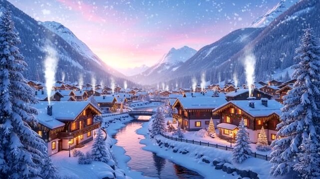 Winter mountain village shown with warm glowing cabin lights and smoke rising above snowy rooftops in peaceful evening landscape. Seasonal travel concept seamless looping 4k video background.