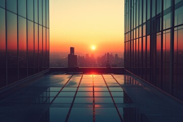 Fototapeta premium Dramatic sunset over a city skyline, framed by modern glass buildings, casting beautiful reflections on a wet rooftop.