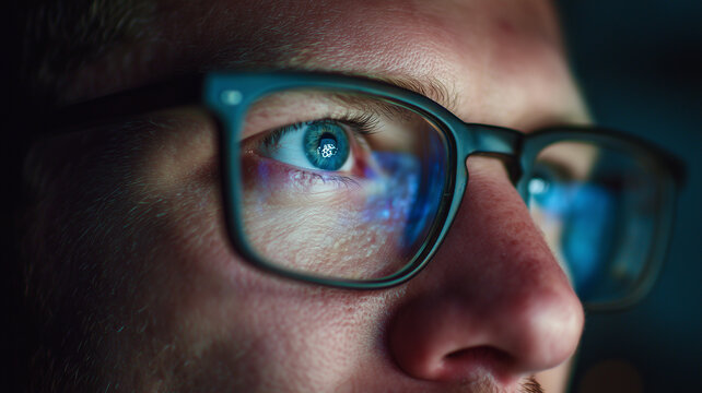 A close-up of the glasses on an adult male's face, reflecting blue light from his computer screen. Ai generated