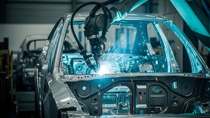 automated robotic welding process assembling vehicle metal frame in modern factory environment