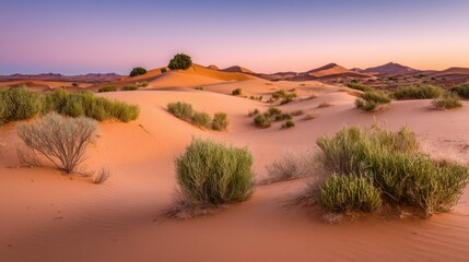 Fototapeta premium Tranquil Desert Landscape at Sunset with Cacti and Footprints in the Sand