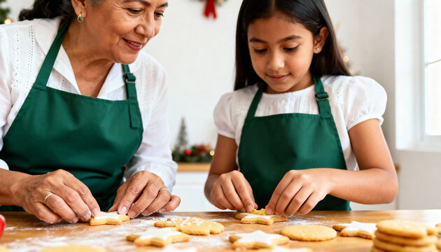 Grandmother and granddaughter decorating Christmas cookies together. Hispanic family baking for the holidays. Intergenerational bonding and tradition