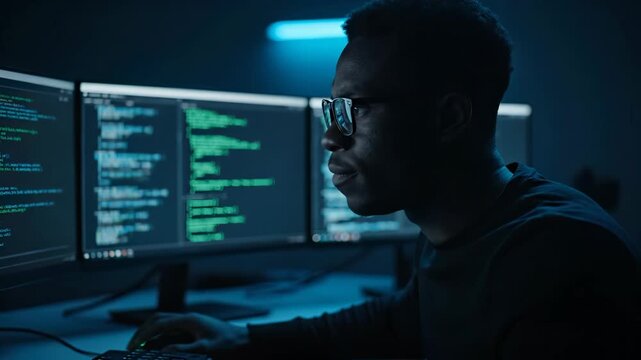 Focused programmer working on coding project in dark office. Dual monitors display lines of code. Tech environment creates innovative atmosphere.